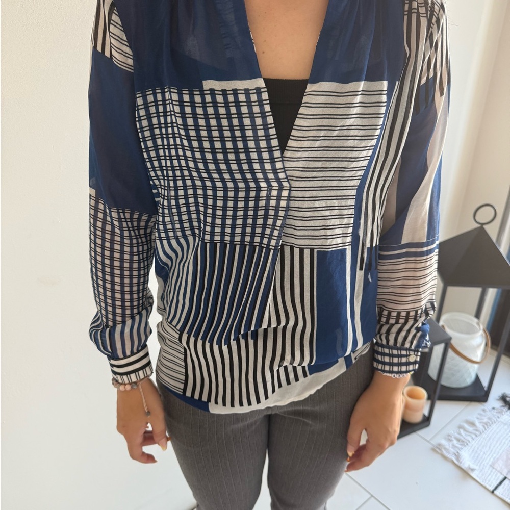 LOFT Navy and White Geometric Blouse
